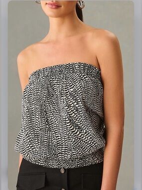 Anthropologie Size XS Bubble Tube Top Strapless Black White Cotton Linen Smocked